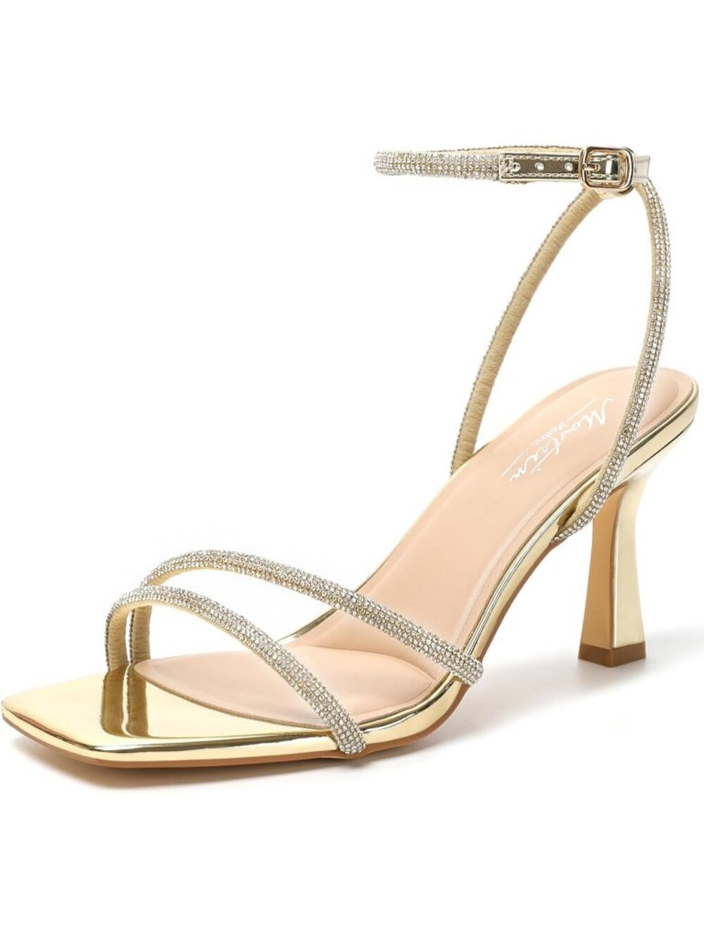 Women's Sparkling Gold Ankle Strap Lace Up Heel Square Open Toe High Heel Sandal